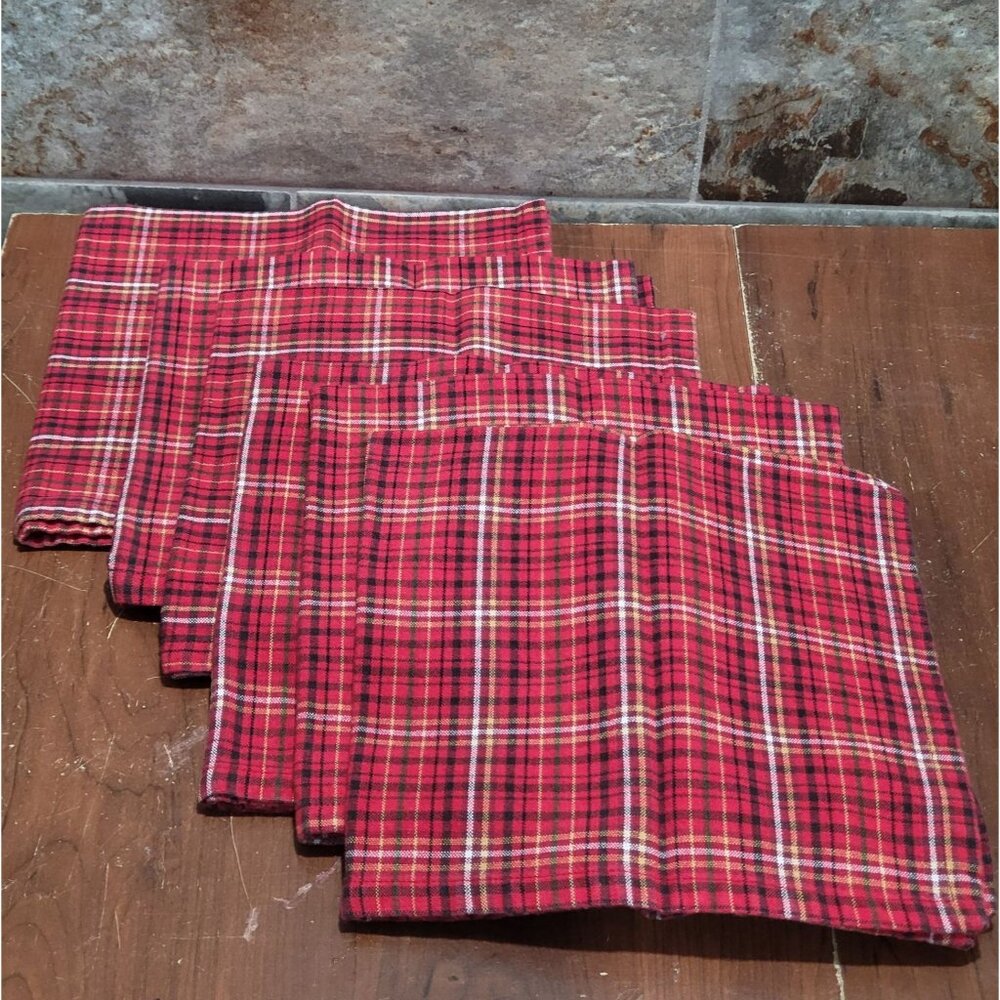 Red White Green Cotton Plaid Fabric Napkins Set of 6 Christmas Table Linens